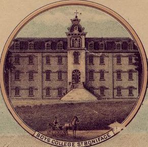 Lithograph print of a drawing of Boy's College, St. Boniface.