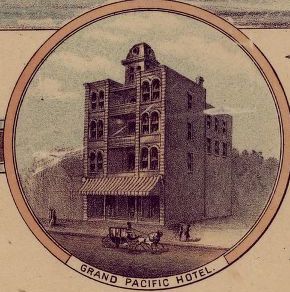Lithograph print of a drawing of Grand Pacific Hotel. 