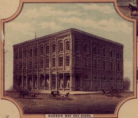 Lithograph print of a drawing of Hudson's Bay Co. Store. 