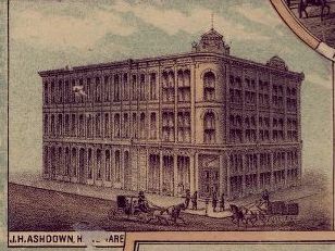 Lithograph print of a drawing of J.H. Ashdown Hardware.