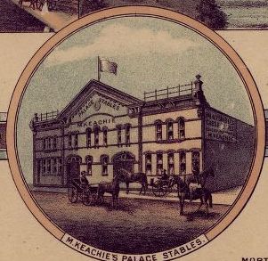 Lithograph print of a drawing of M. Keachie's Palace Stables. 