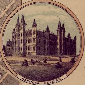 Lithograph print of a drawing of Manitoba College. 