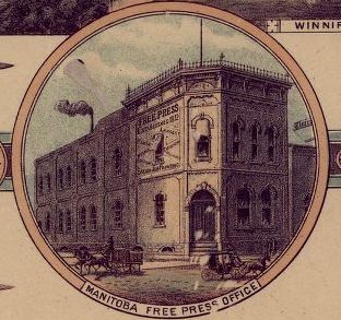 Lithograph print of a drawing of Manitoba Free Press Office. 