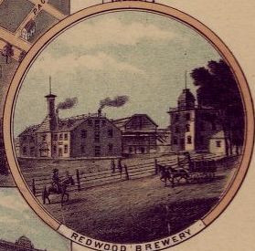 Lithograph print of a drawing of Redwood Brewery. 
