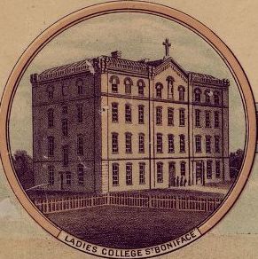 Lithograph print of drawing of Ladies College, St. Boniface.