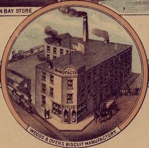 Lithograph print of a drawing of Woods & Ovens Biscuit Manufactory. 
